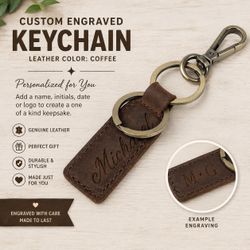Personalized Genuine Leather Keychain – Custom Engraved Name, Initials, Date or Logo – Coffee Brown