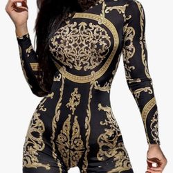 Women's High Neck Skinny Short Jumpsuit Long Sleeve Pattern Print Bodysuit