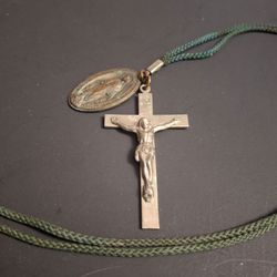 Vintage 1950 "Anno Santo" (Holy Year) Cross Pendant, Silver-plated- Commemorates The Roman Catholic Jubilee Year In Rome, On 28" Braided Green Rope