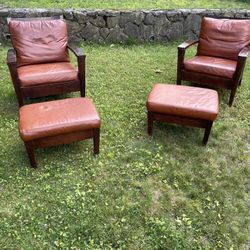 Vintage Restoration Hardware Leather Chair Ottoman Set 