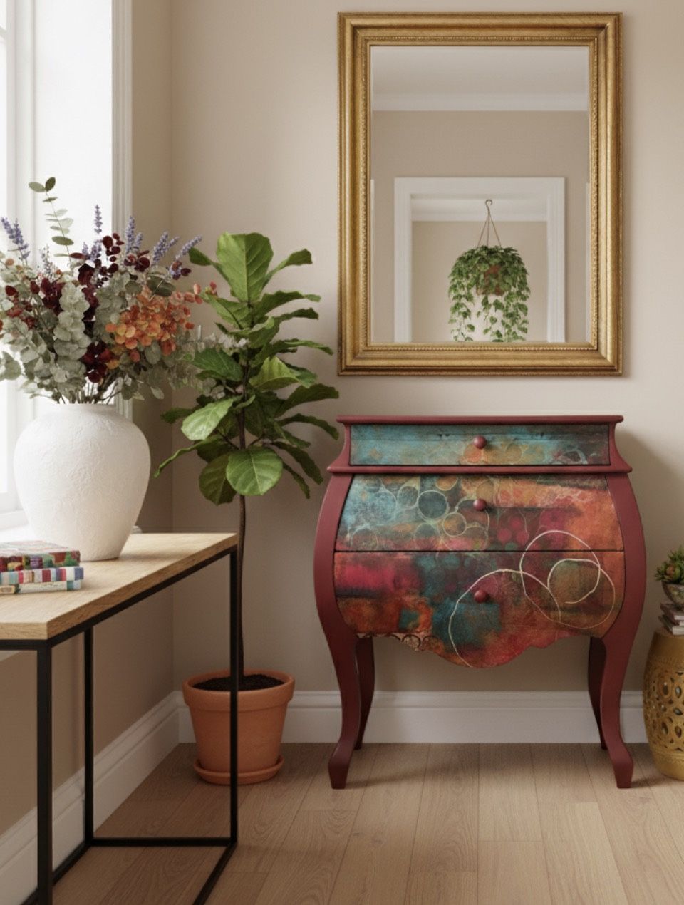 Colorful French Provincial Bombé Chest of Drawers Hand Decorated Accent Side Table Nightstand