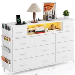 Fixwal White Dresser for Bedroom with Power Outlets and LED Lights 11 Drawers Dresser with Side Pocket for Kids Bedroom, Fabric Chest of Drawers, for 