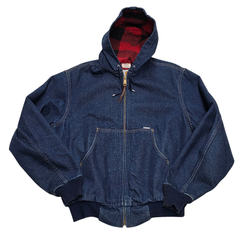 Vintage Carhartt Denim Hooded Jean Jacket Buffalo Plaid Blanket Lined Size Large