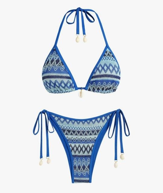 Women's Colorblock Stripes Triangle Halter Tied Cheeky Thong Bikini Set High Cut Two Piece Bathing Suit, Medium 