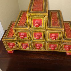 Vintage Handmade Nine(9) Compartment Hand Painted Wooden Box