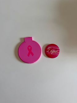 breast cancer awareness pink ribbon compact mirror and hope button pin