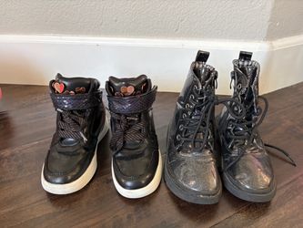 2 Pairs of Girls Black Shoes - Size 11.5 (High-Top Skechers Sneakers & Glitter Boots)