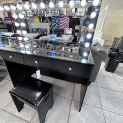 Black Makeup Vanity W/stool And Bluetooth 