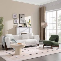 Luxury Cloud Couch 2-Piece White Teddy Velvet Sofa and Green Chair Living Room Set for Apartment