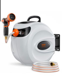 VEVOR Retractable Hose Reel, 100 ft x 1/2 inch, 180° Swivel Bracket Wall-Mounted, Garden Water Hose Reel with 9-Pattern Nozzle, Automatic Rewind, Lock