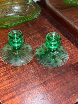 Green Depression Glass Candleholders Pair