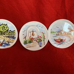 Set Of 3 3.75 Inch Handmade Greek Ceramic Decorative Plates Imported From Greece