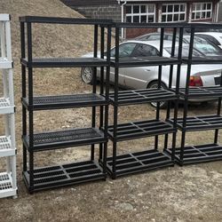 (5) Plano Impact Resistant Plastic Storage Racks-Shelving. 