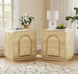 (Set of 2) Modern Curved Natural 24 in. H Nightstands with 2-Storage Drawers