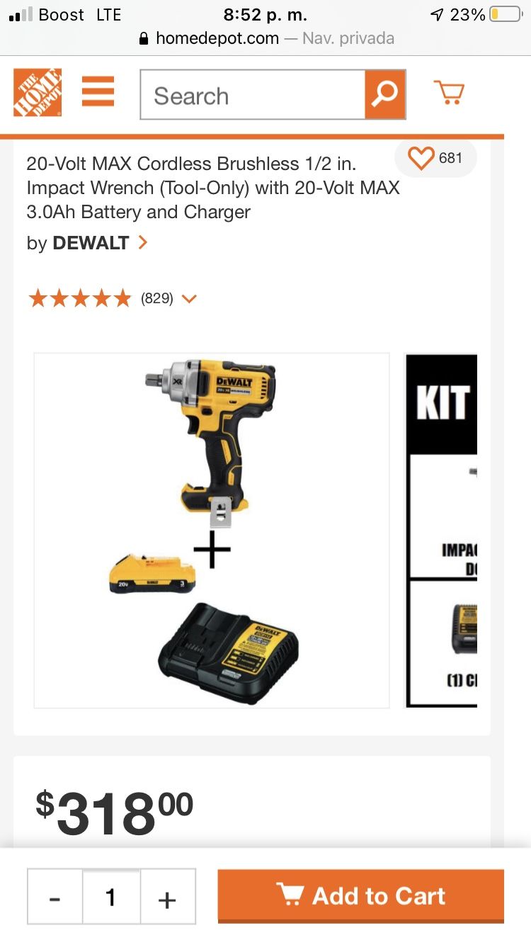 Dewalt Impact Wrench 1/2 Combo 1- Battery 3.0 Ah & Charger!