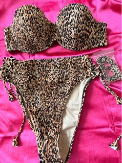 Victoria’s Secret Leopard Print Smocked Bandeau Bikini Set Lace-Up Sides