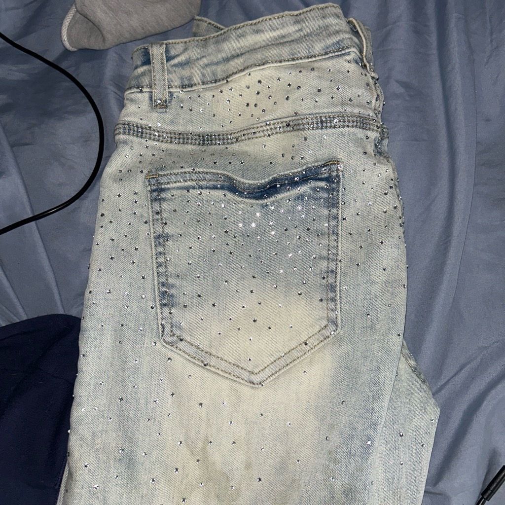 Rhinestone stacked jeans will negotiate