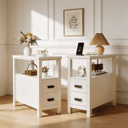 White Nightstand with Drawers and Open Shelf