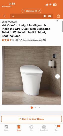 Shop KOHLER Veil Comfort Height Intelligent 1-Piece 0.8 GPF Dual Flush Elongated Toilet in White with built in bidet, Seat Included