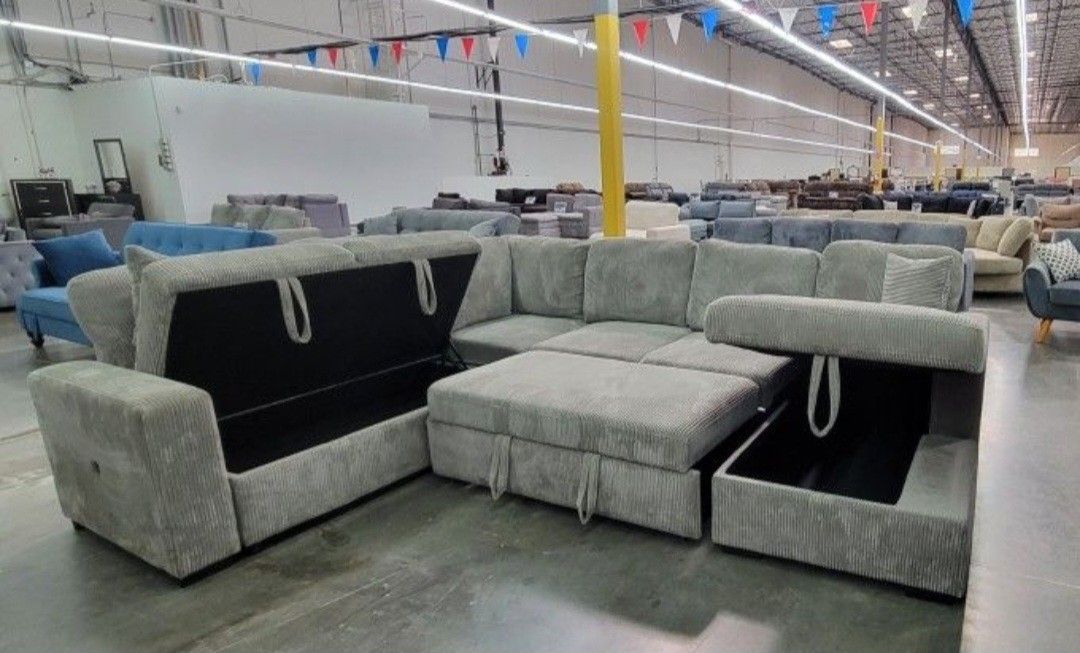 ✅️✅️4 pc Grey corduroy fabric sectional sofa with storage chaise and love seat and pop up sleep area in center USB charging✅️✅️