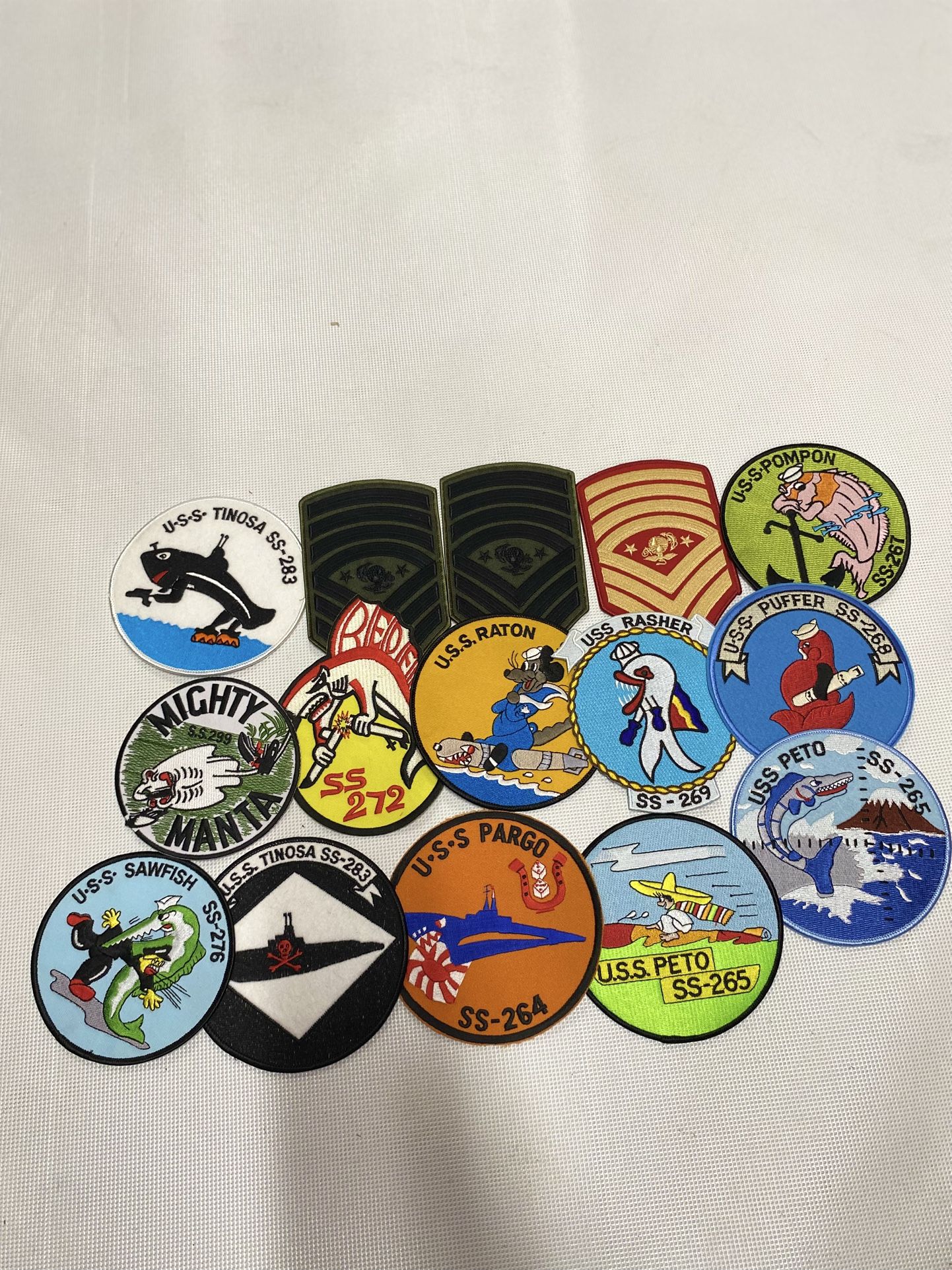 Lot of 12 USS Navy Submarine Patches + 3 Military Rank Chevrons