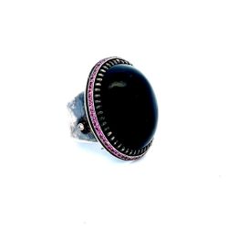 Silver Cocktail Ring with Onyx, Pink Sapphire & 0.08 CTW Diamonds