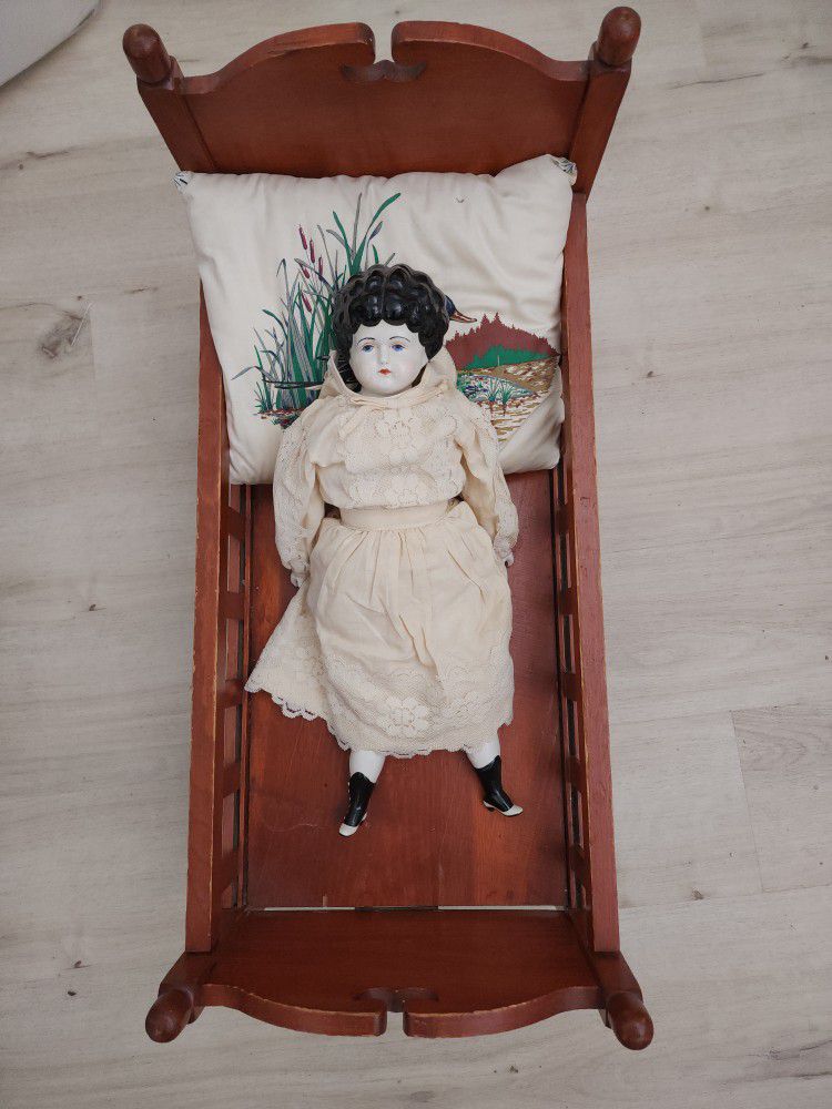Antique China Head Doll and Crib
