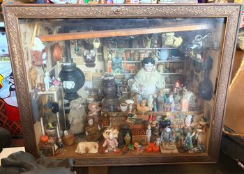 Antique Folk Art General Store Shadow Box Diorama – Large Victorian-Style Miniature Mercantile Display with Dolls & Vintage Advertising