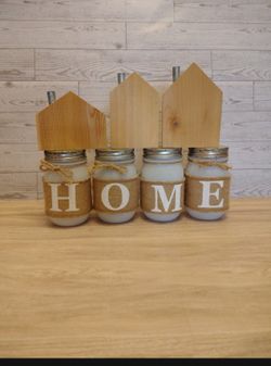 Home decor ( light up glass mason jars with wooden Houses)