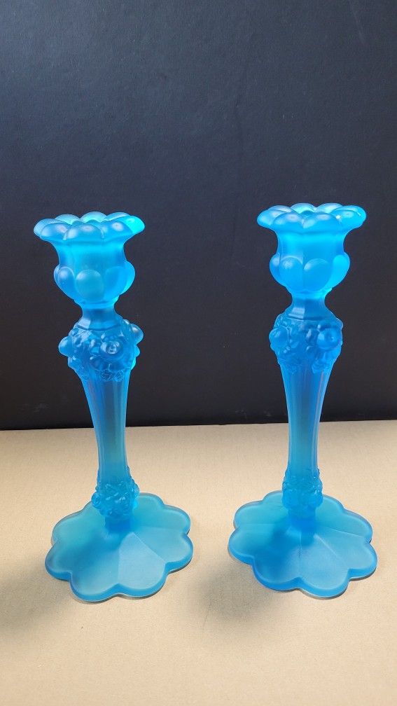 Fenton Blue Satin Cabbage Rose Candlesticks