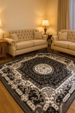 8x10 Black Gray White Traditional Medallion Area Rug