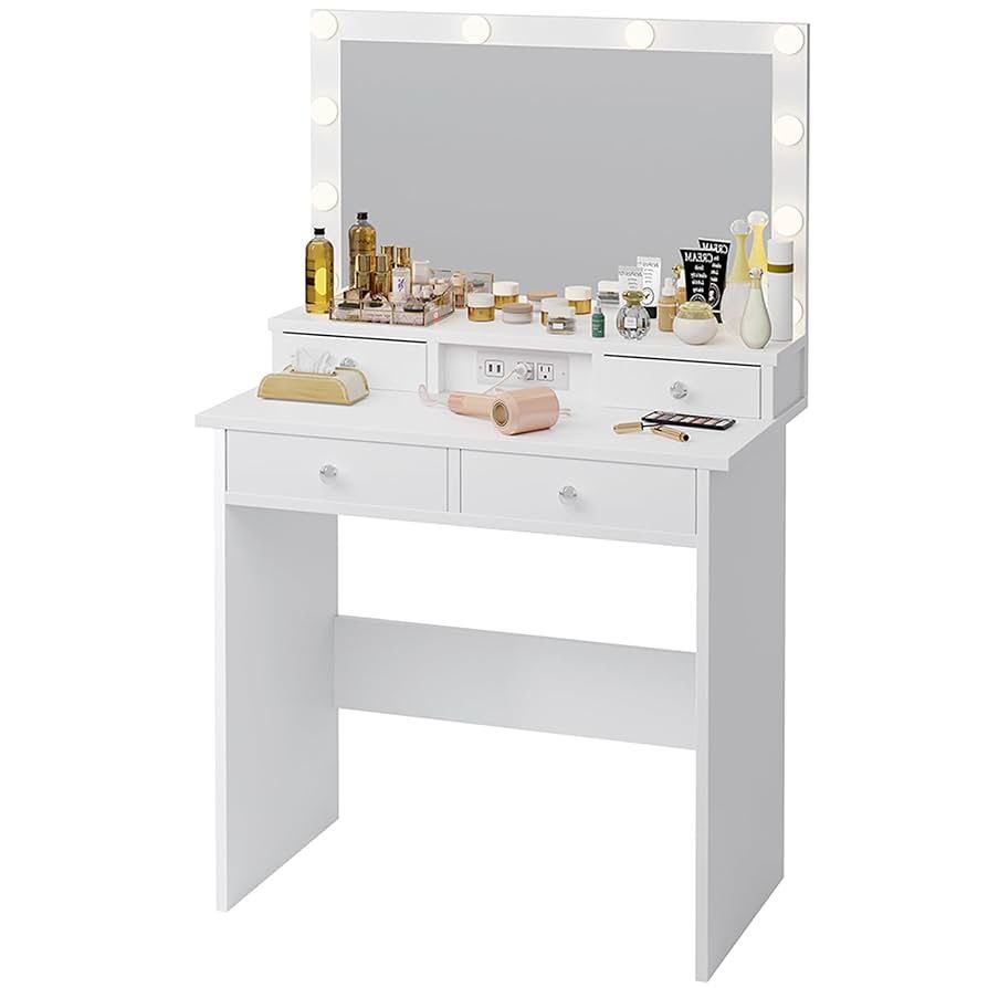 TIQLAB Vanity Desk with Mirror and Light, 32 Inch Make up Vanity with Power Outlets, Dressing Table Makeup Desk with 4 Drawers, 3 Lighting Modes, Bedr