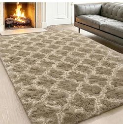 CozyDesg  6.5x7.5Area Rugs for Living Room，Black Rugs Shag Fluffy Shaggy Bedside Carpet, Large Rug for Living Room Bedroom Dining Room Office Home Dec