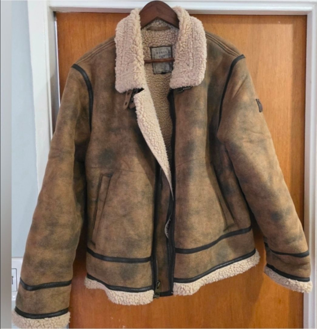 Men's guess jacket XL Brown vegan suede leather Sherpa