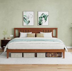 King Size Wood Bed Frame with Headboard, Solid Natural Wooden Platform Bed Base, Heavy Duty Slat Support Mattress Foundation, No Box Spring Needed, Lo