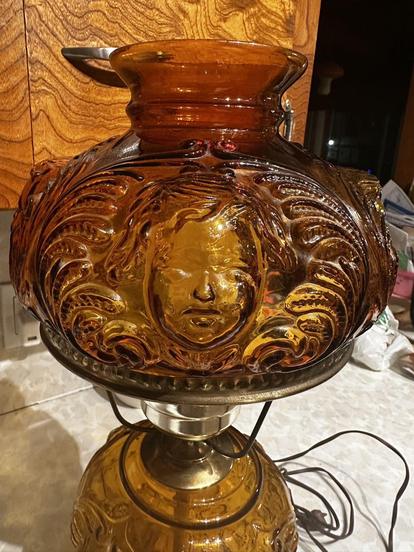 Vintage Fenton Cherub Angel Baby Face Amber Glass Hurricane Lamp
