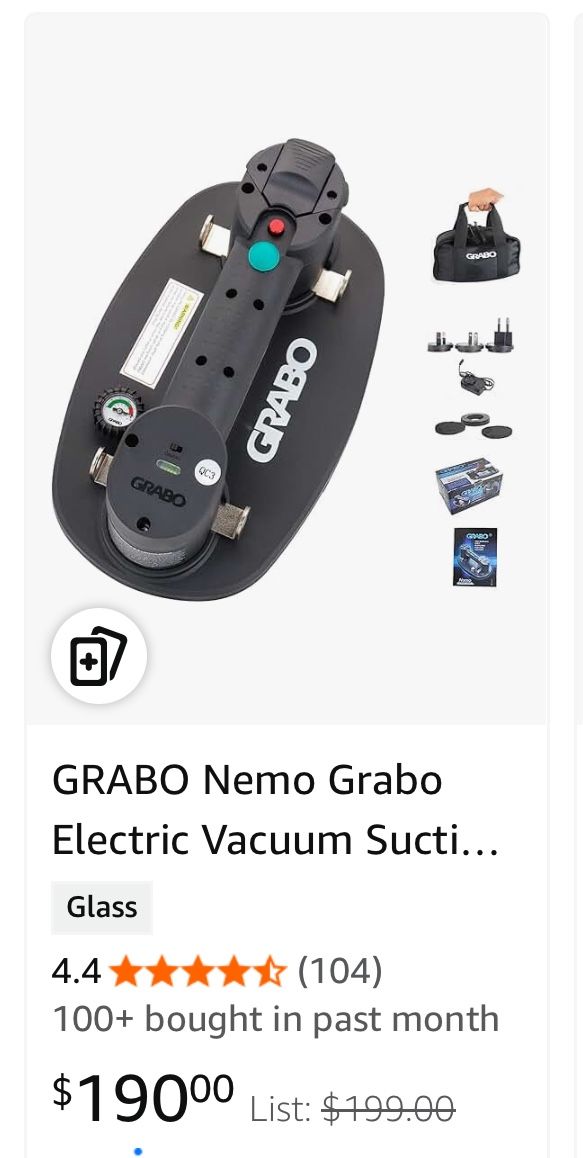 GRABO Nemo Grabo Electric Vacuum Suction Cup Lifter with 375 lb Maximum Load Capacity, Includes Battery and Seal