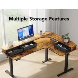 Standing Desk with Power Outlets & LED Strip, Electric Height Adjustable Corner Computer Desk, Sit Stand Up Desk with 3 Drawers, Vintage Brown$120