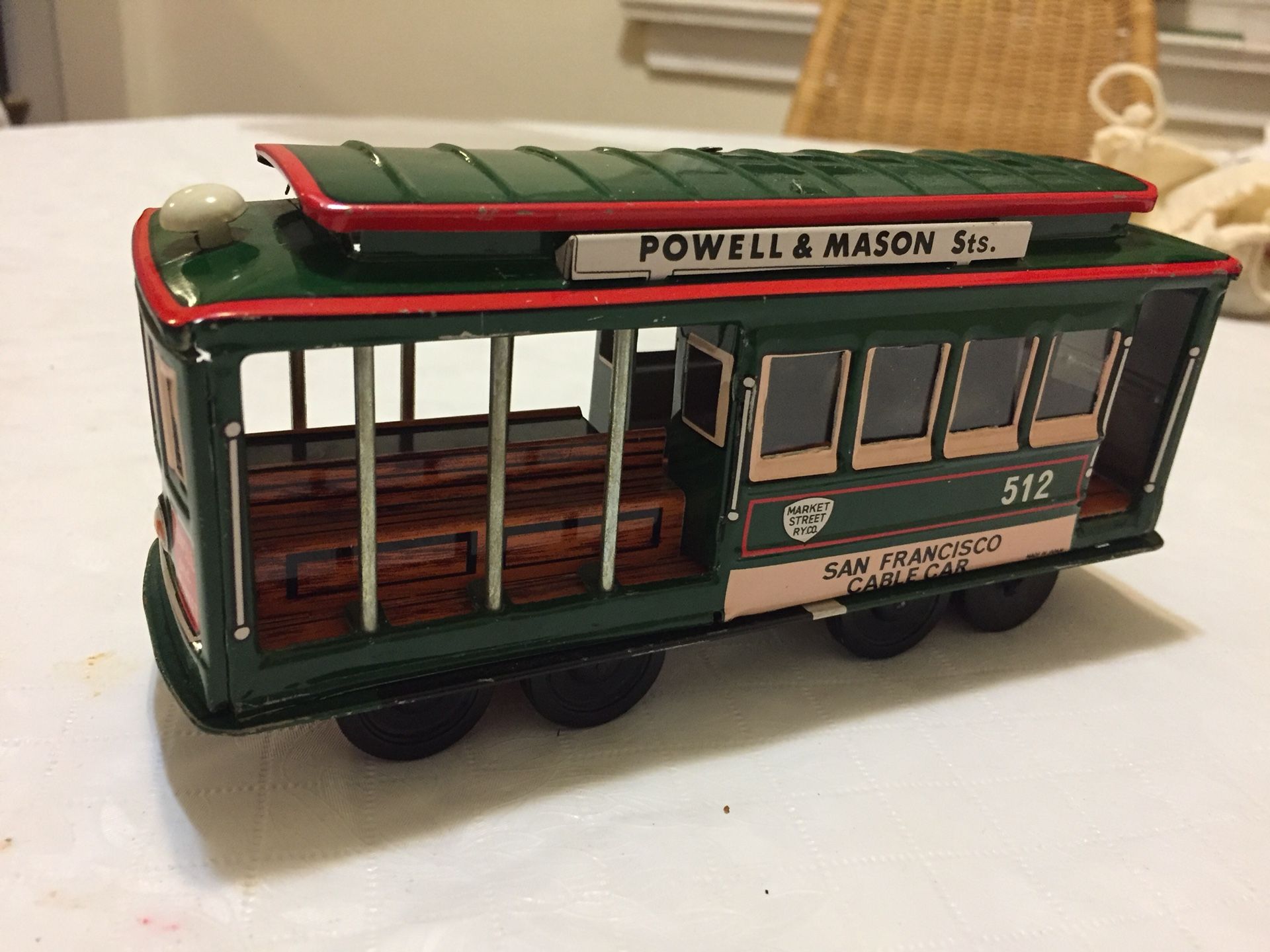 Vintage 1950'S San Francisco Cable Car 512 Friction Tin Litho Toy ‘Bay and Taylor' and 'Powell and Market’ Streets Green Trolly Trolley Car Measures