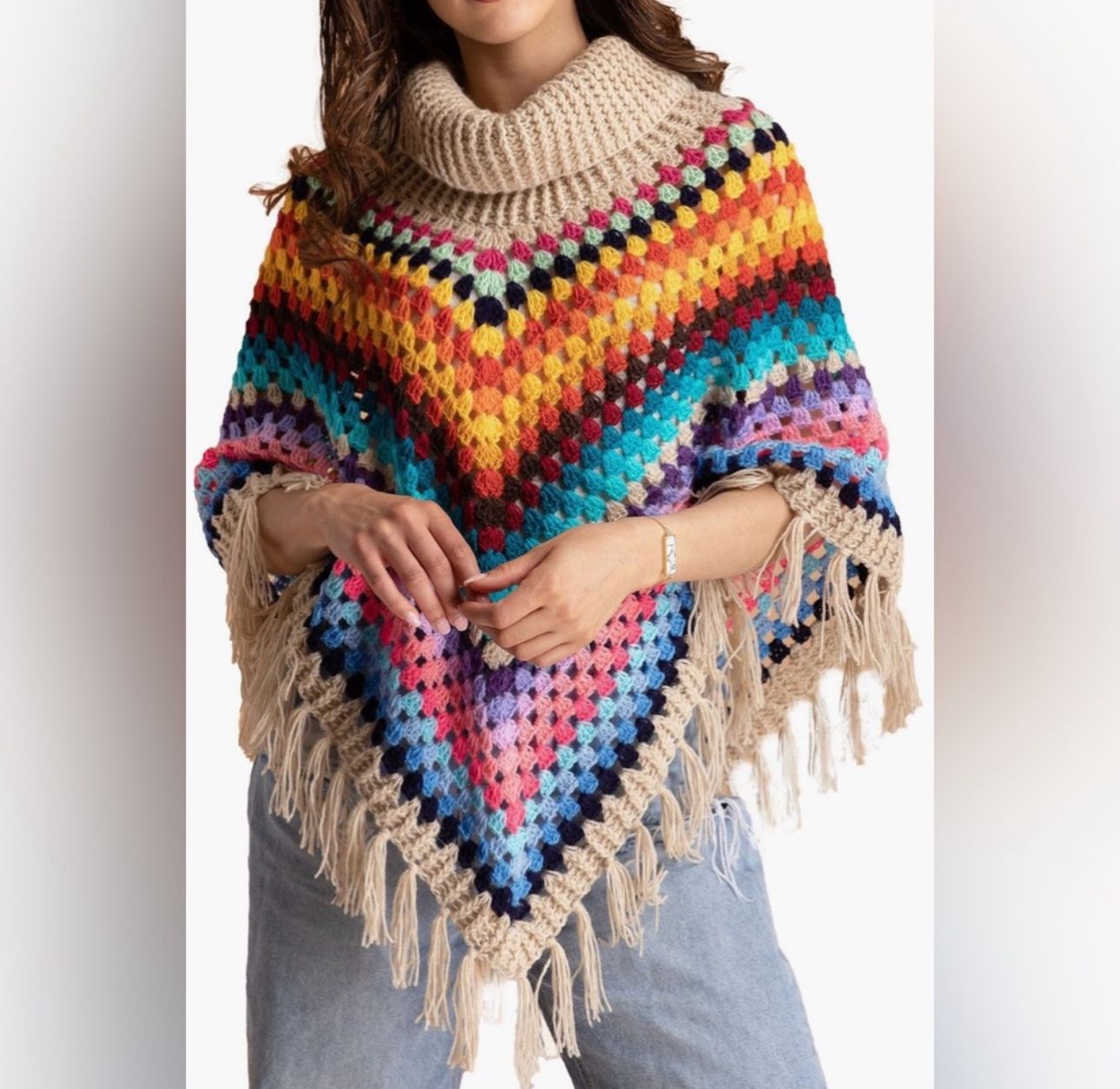 SAACHI Earth to Sky Rainbow Stripe Crochet Poncho NWT One Size