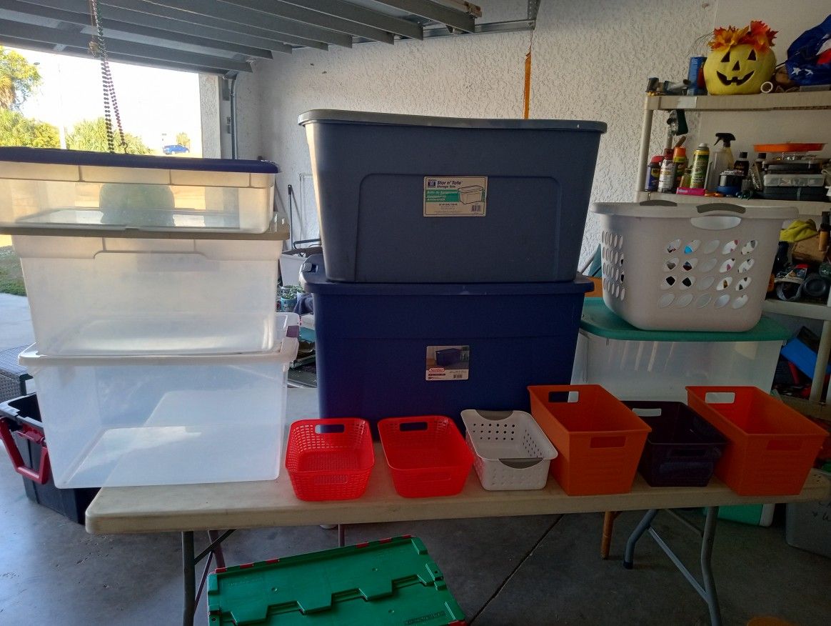 Storage Containers, Wash Basket & Bench. Largest Tote Is 35 Gallons. All For $30