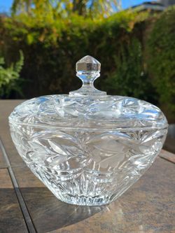 Vintage Crystal Oval Covered Candy Dish – Etched Floral & Cut Glass Lidded Jar (7")