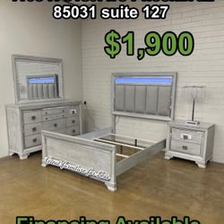 Queen Size Led Bedroom Set Gray Include Bed Frame Dresser Mirror And Nightstand Brand New