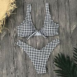 Gingham tie front v bottom bikini swimsuit