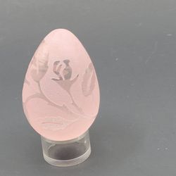 Vintage Ornate Etched Pink Glass Colored Egg With Acrylic Stand 3" Tall.
Pre-owned, very good shape, no chips or cracks. Please see photos for 
detail