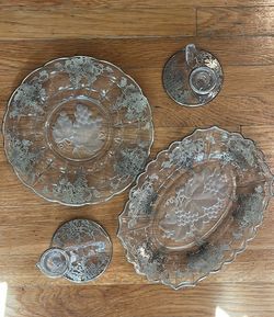 Vintage Silver Overlay Glass Serving Set - 4 Pieces