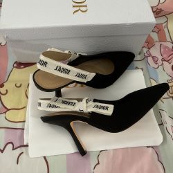 Christian Fabric & Ribbon Black Noir Shoes Slingback High Heel 