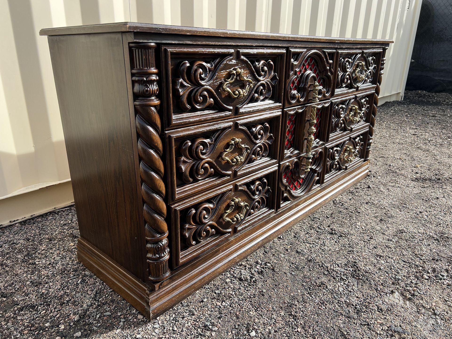 Gothic Revival Wood Carved Red Velvet 9 Drawer Dresser 1950s Mid Century