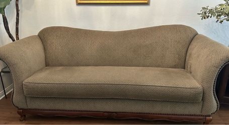 Couch / sofa olive sage green with wood carved bottom