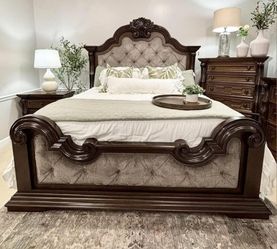 Maylee Dark Brown Upholstered Panel King Bedroom Set, BED DRESSER MIRROR NIGHTSTAND CHEST 